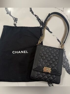 CHANEL Black Quilted Leather Boy Style Shoulder Bag with Gold Hardware